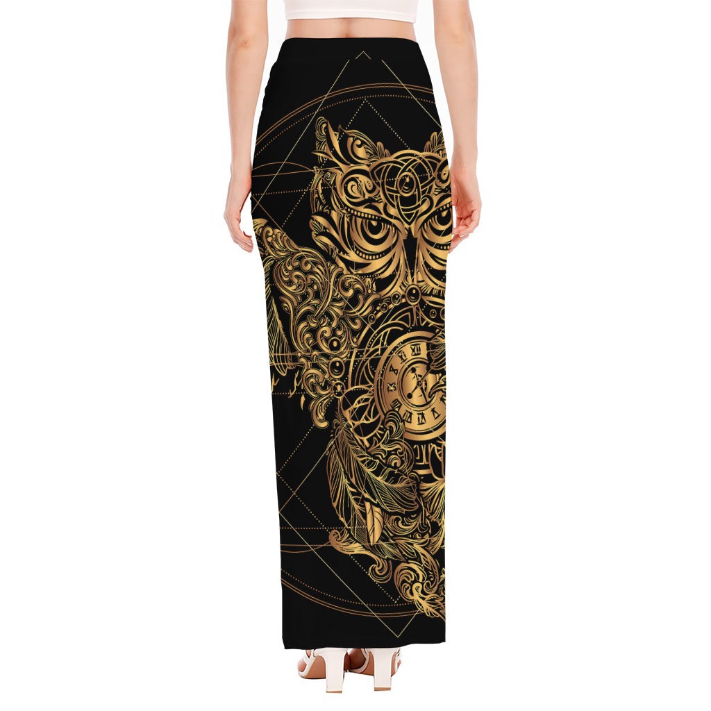 Golden Spiritual Owl Print High Slit Maxi Skirt
