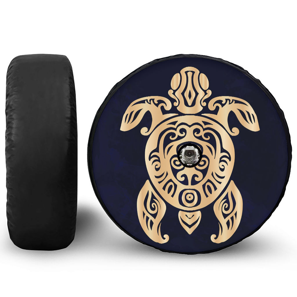 Golden Tribal Sea Turtle Print Tire Cover With Camera Hole