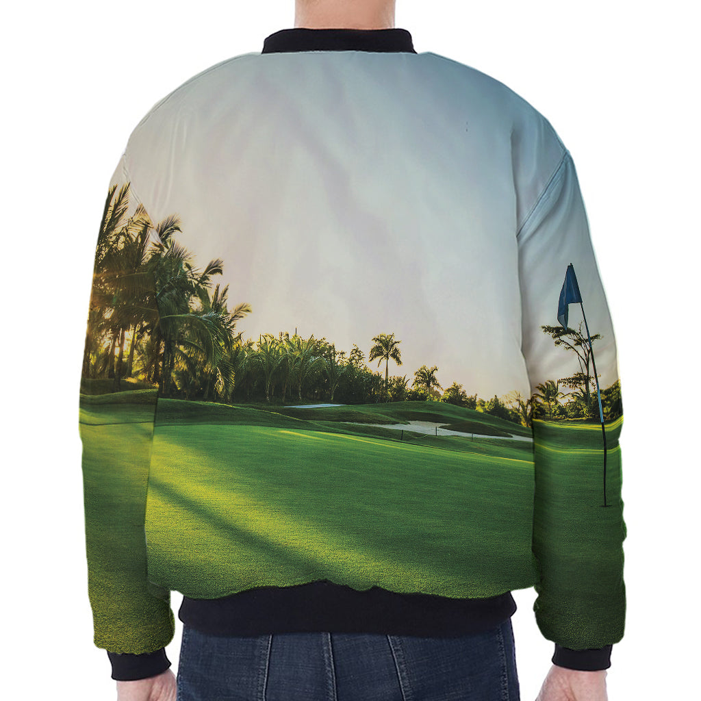 Golf Course Print Zip Sleeve Bomber Jacket