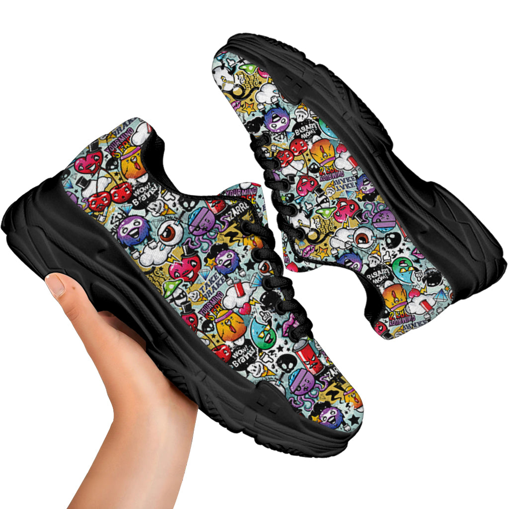 Graffiti Cartoon Characters Print Black Chunky Shoes