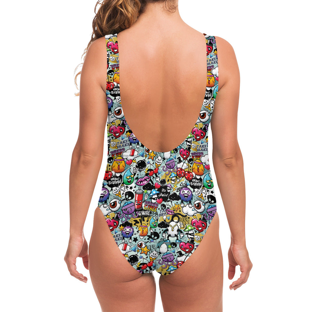 Graffiti Cartoon Characters Print One Piece Swimsuit