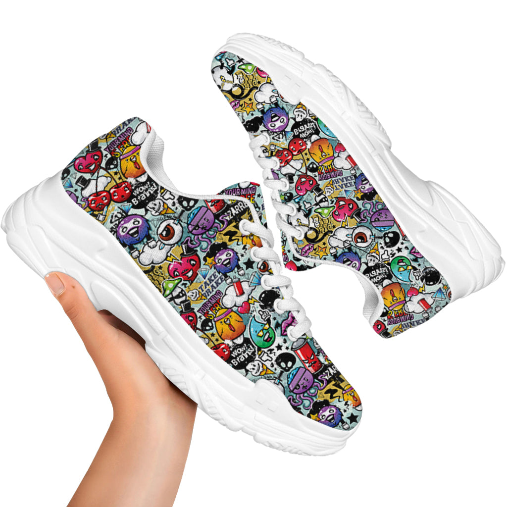 Graffiti Cartoon Characters Print White Chunky Shoes