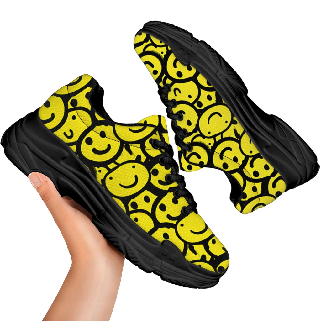 Graffiti Happy Emoji Pattern Print Black Chunky Shoes