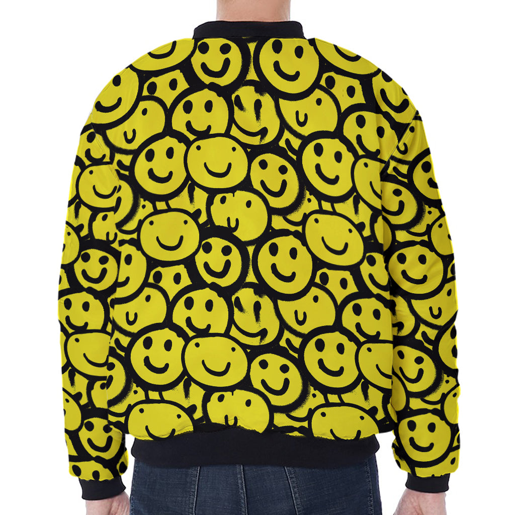 Graffiti Happy Emoji Pattern Print Zip Sleeve Bomber Jacket