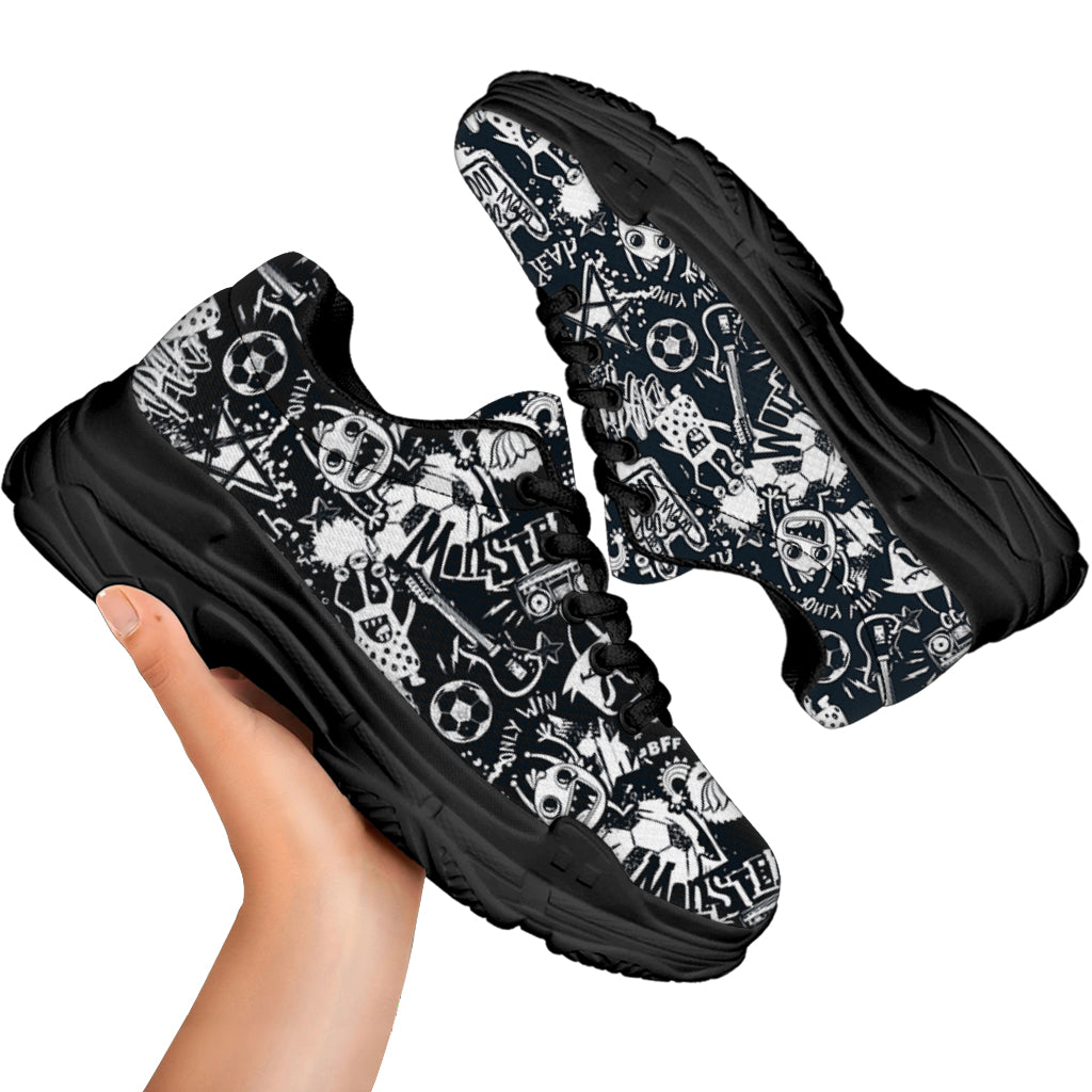 Graffiti Monster Characters Print Black Chunky Shoes