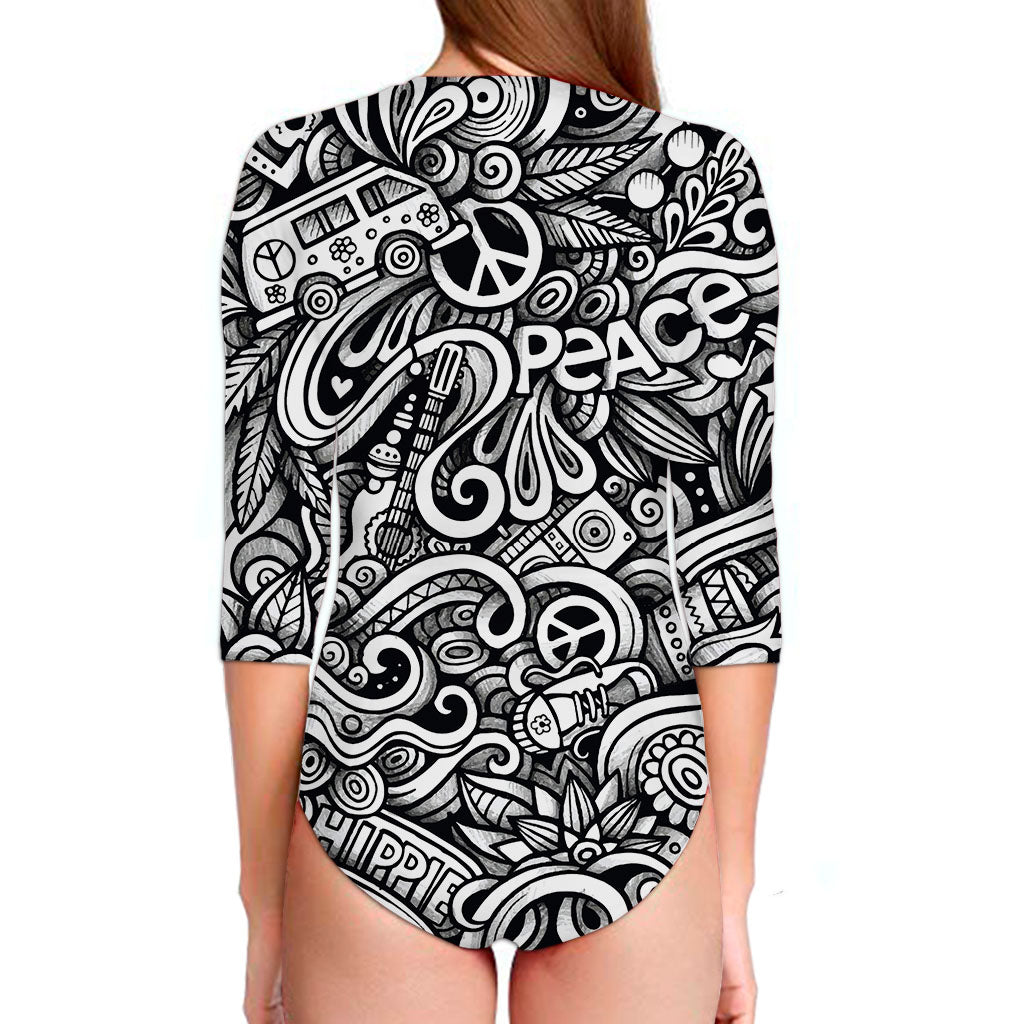 Graffiti Surfing Pattern Print Long Sleeve Swimsuit