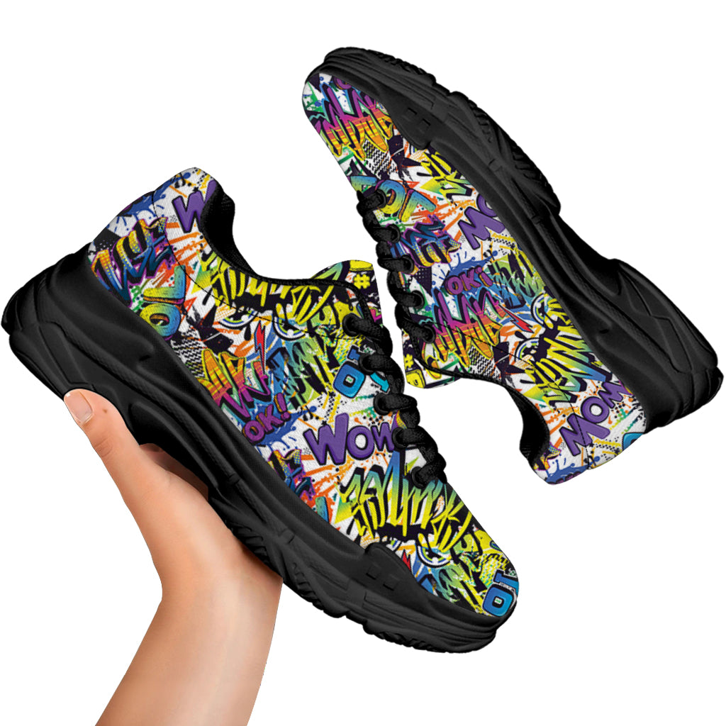 Graffiti Text Pattern Print Black Chunky Shoes