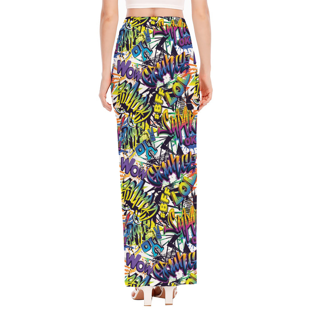 Graffiti Text Pattern Print High Slit Maxi Skirt