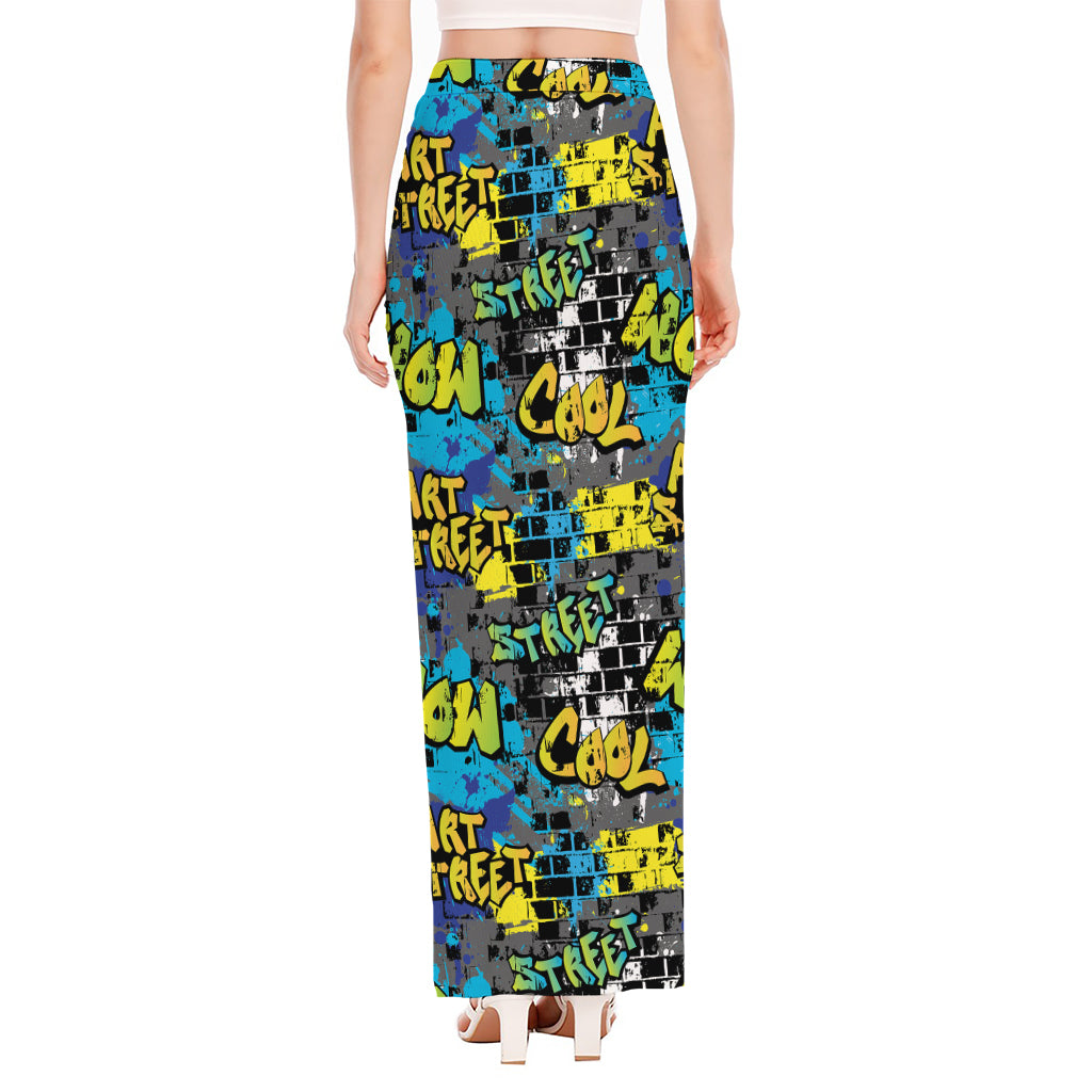 Graffiti Wall Print High Slit Maxi Skirt