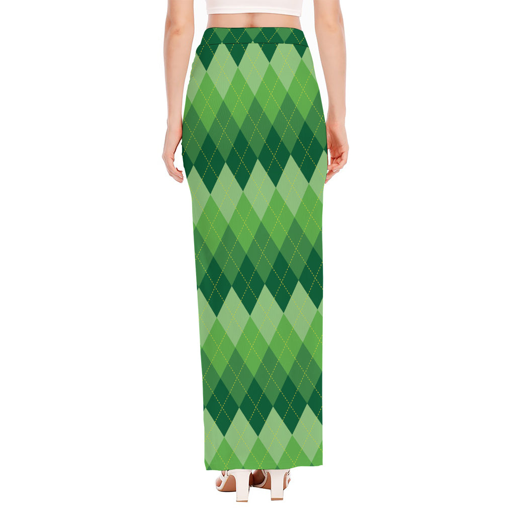 Grass Green Argyle Pattern Print High Slit Maxi Skirt