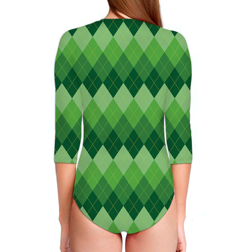 Grass Green Argyle Pattern Print Long Sleeve Swimsuit