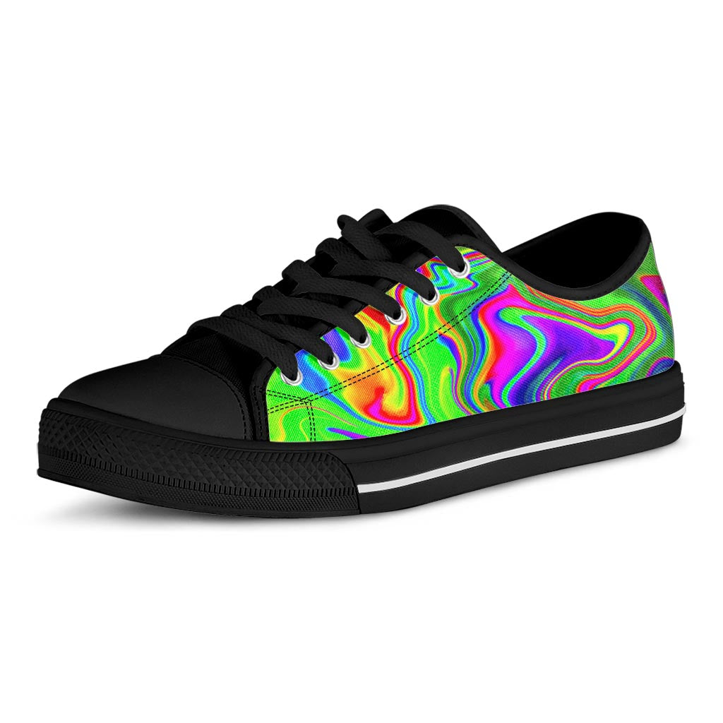 Green Abstract Liquid Trippy Print Black Low Top Sneakers
