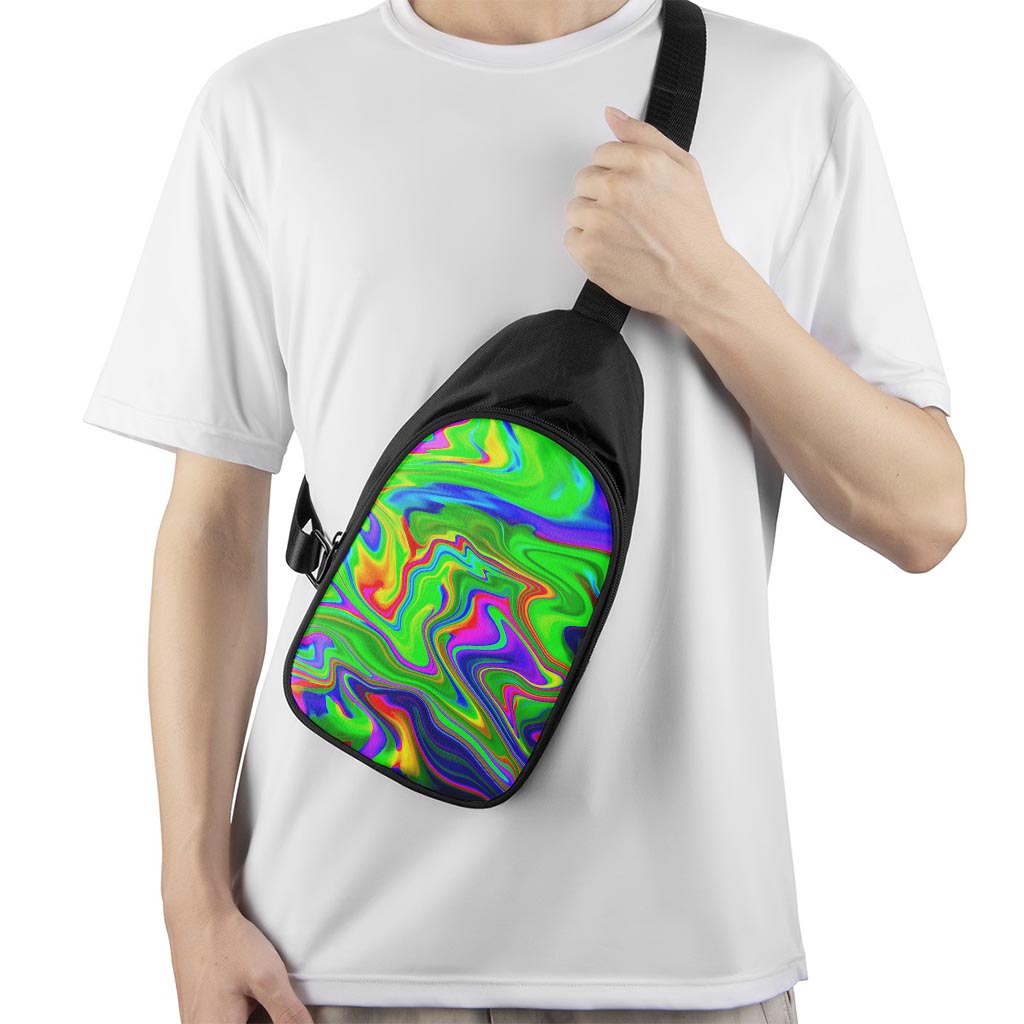 Green Abstract Liquid Trippy Print Chest Bag