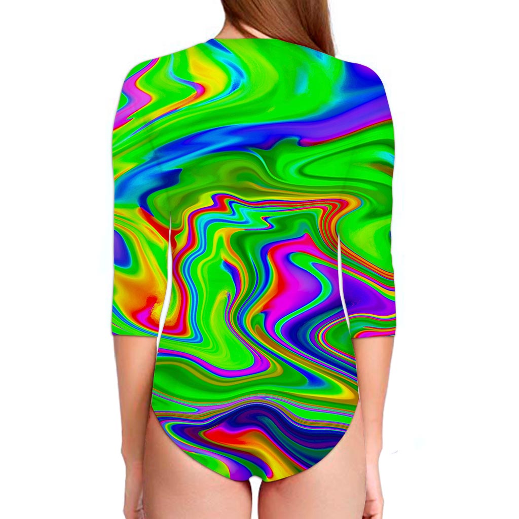 Green Abstract Liquid Trippy Print Long Sleeve Swimsuit
