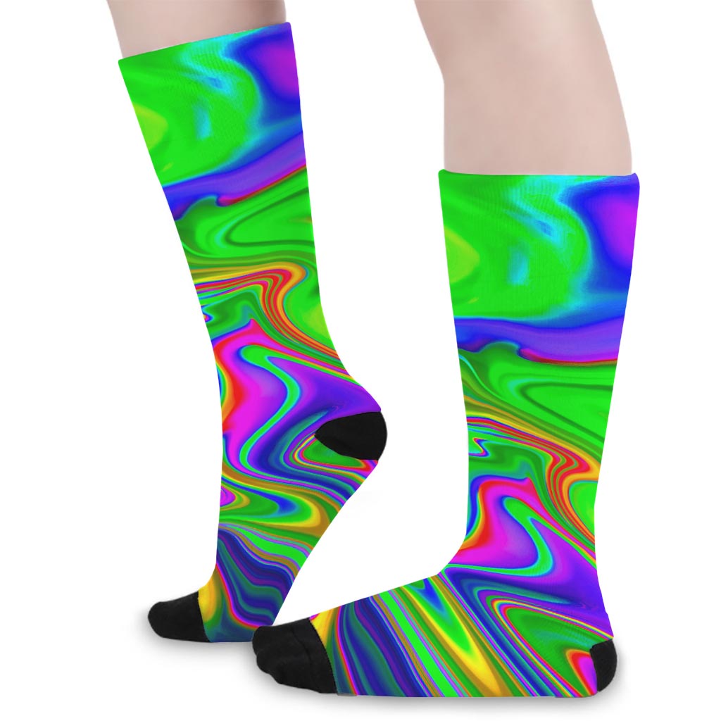 Green Abstract Liquid Trippy Print Long Socks