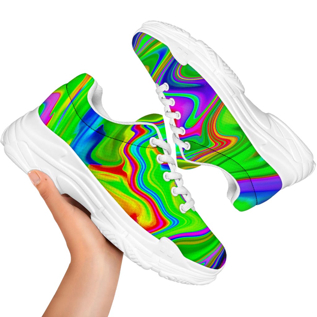 Green Abstract Liquid Trippy Print White Chunky Shoes