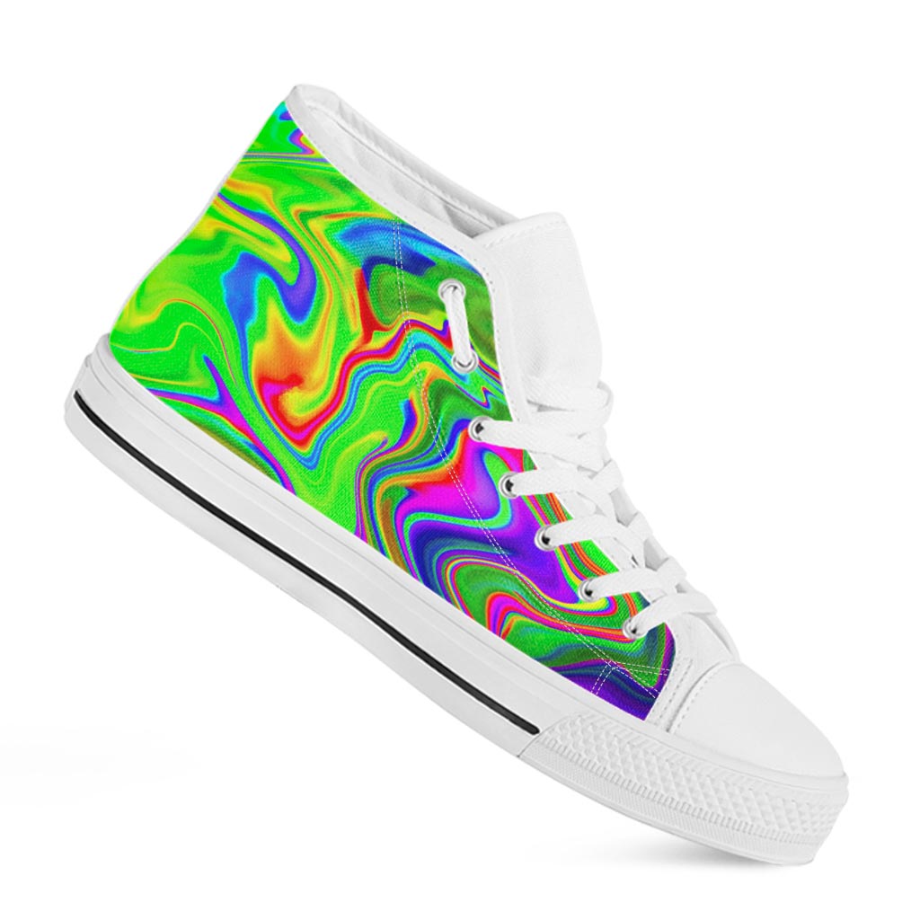 Green Abstract Liquid Trippy Print White High Top Sneakers
