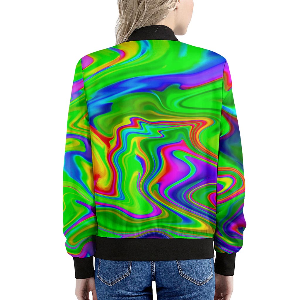 Green Abstract Liquid Trippy Print Women's Bomber Jacket
