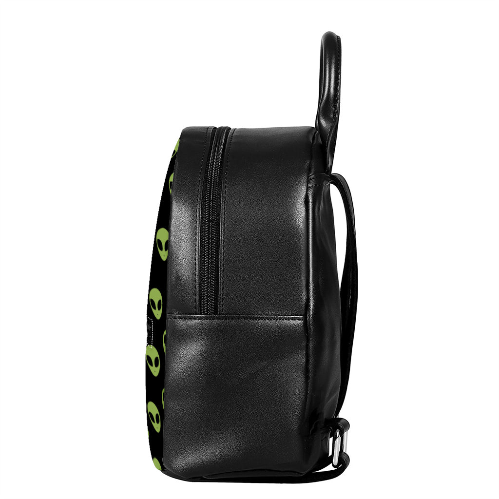 Green Alien Face Pattern Print Leather Backpack