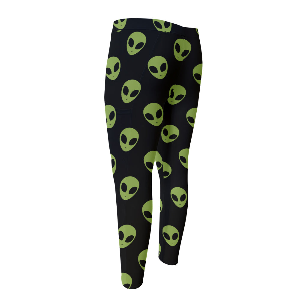 Green Alien Face Pattern Print Men's Compression Pants
