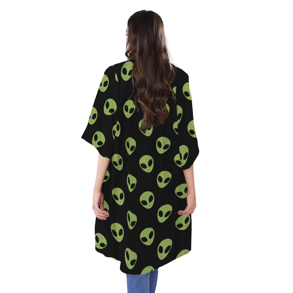 Green Alien Face Pattern Print Open Front Beach Cover Up