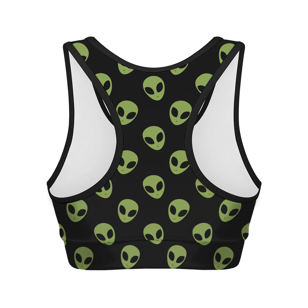 Green Alien Face Pattern Print Women's Sports Bra