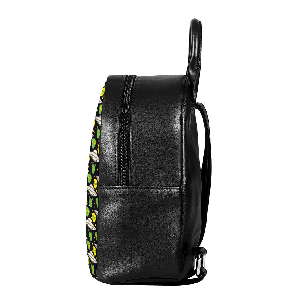Green Alien UFO Space Print Leather Backpack