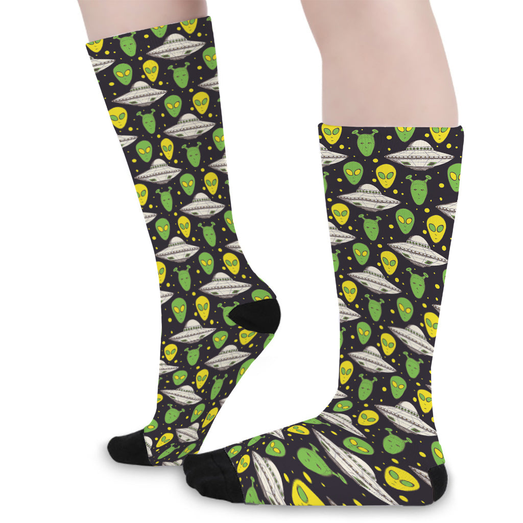 Green Alien UFO Space Print Long Socks