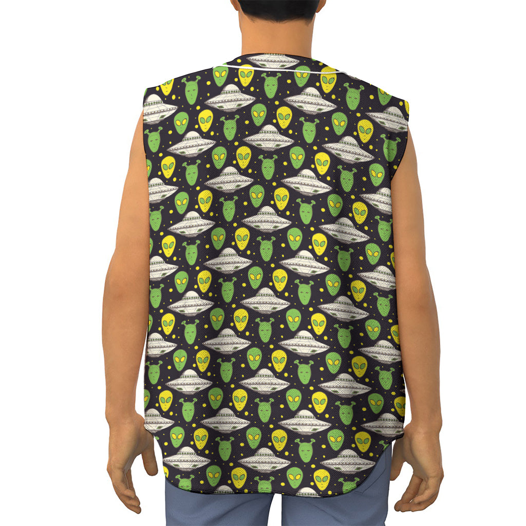 Green Alien UFO Space Print Sleeveless Baseball Jersey