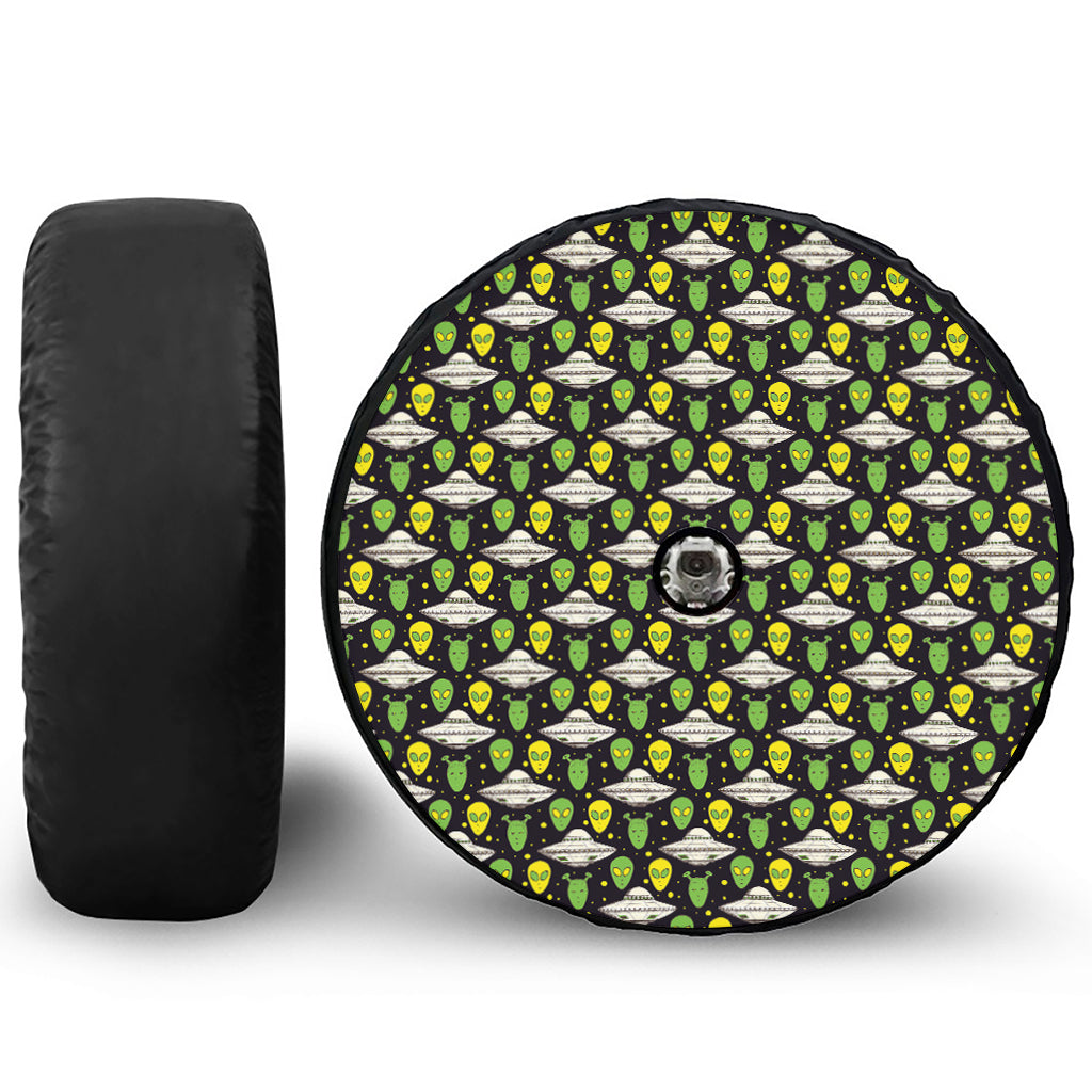Green Alien UFO Space Print Tire Cover With Camera Hole