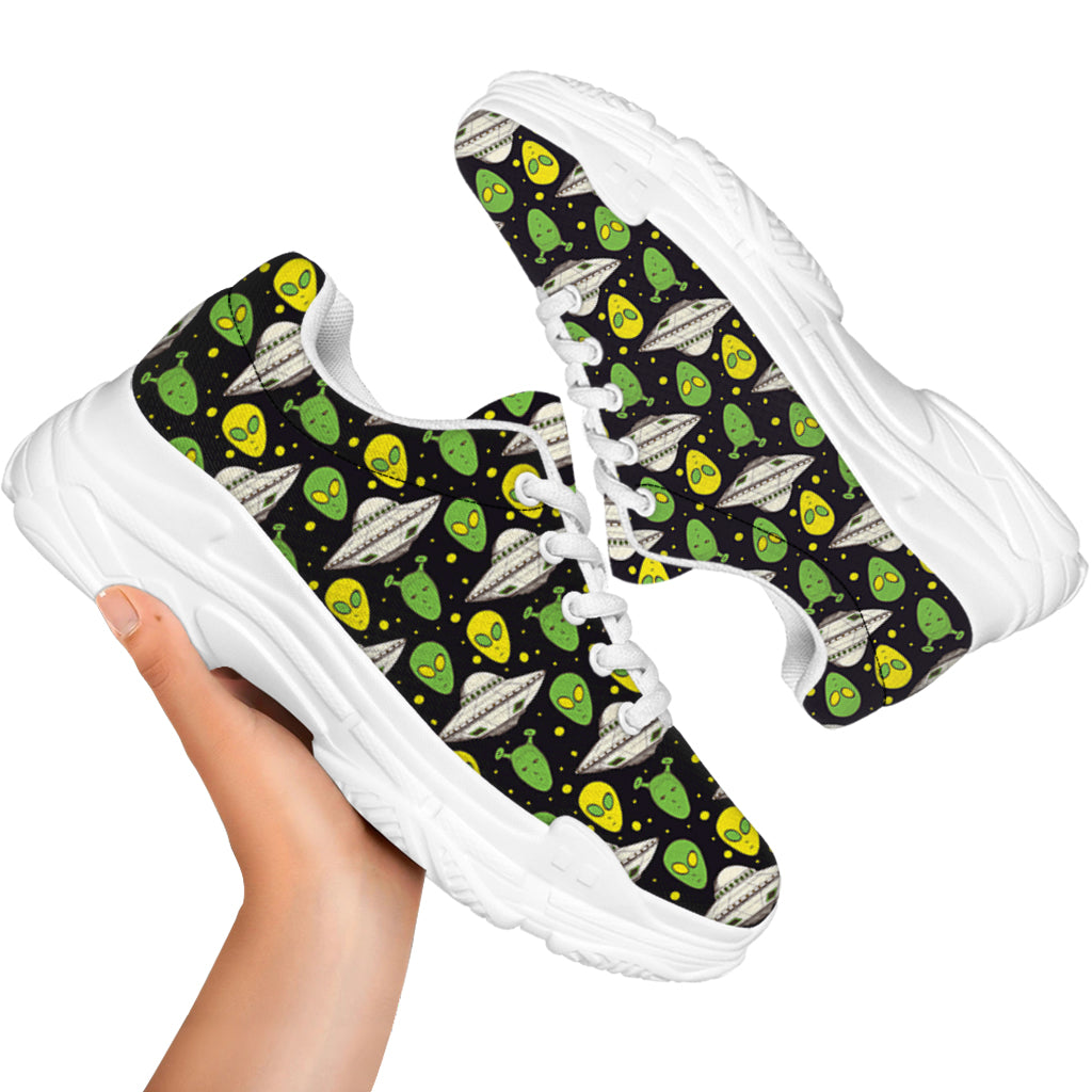 Green Alien UFO Space Print White Chunky Shoes