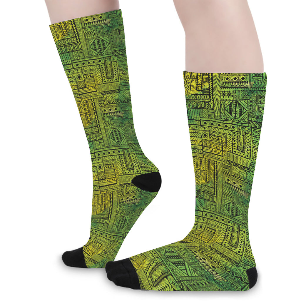 Green And Black African Ethnic Print Long Socks
