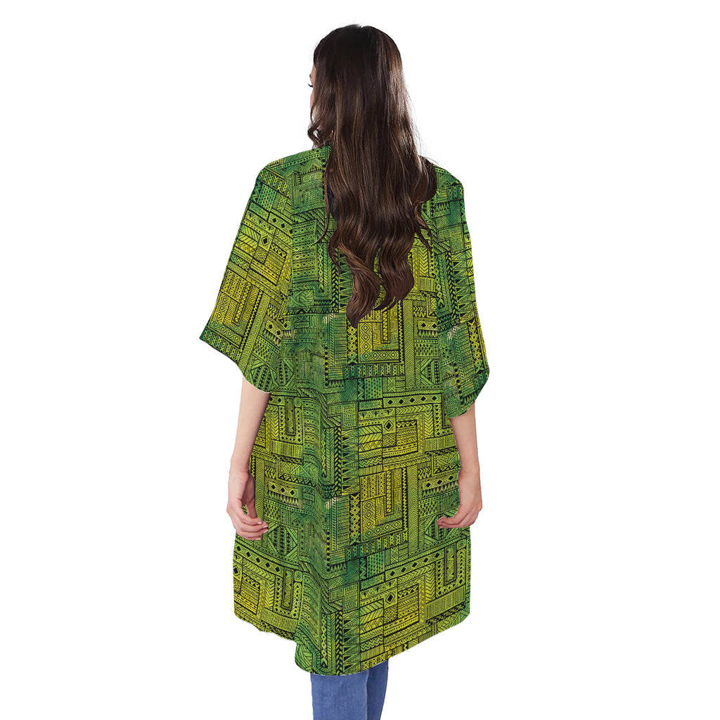 Green And Black African Ethnic Print Open Front Beach Cover Up