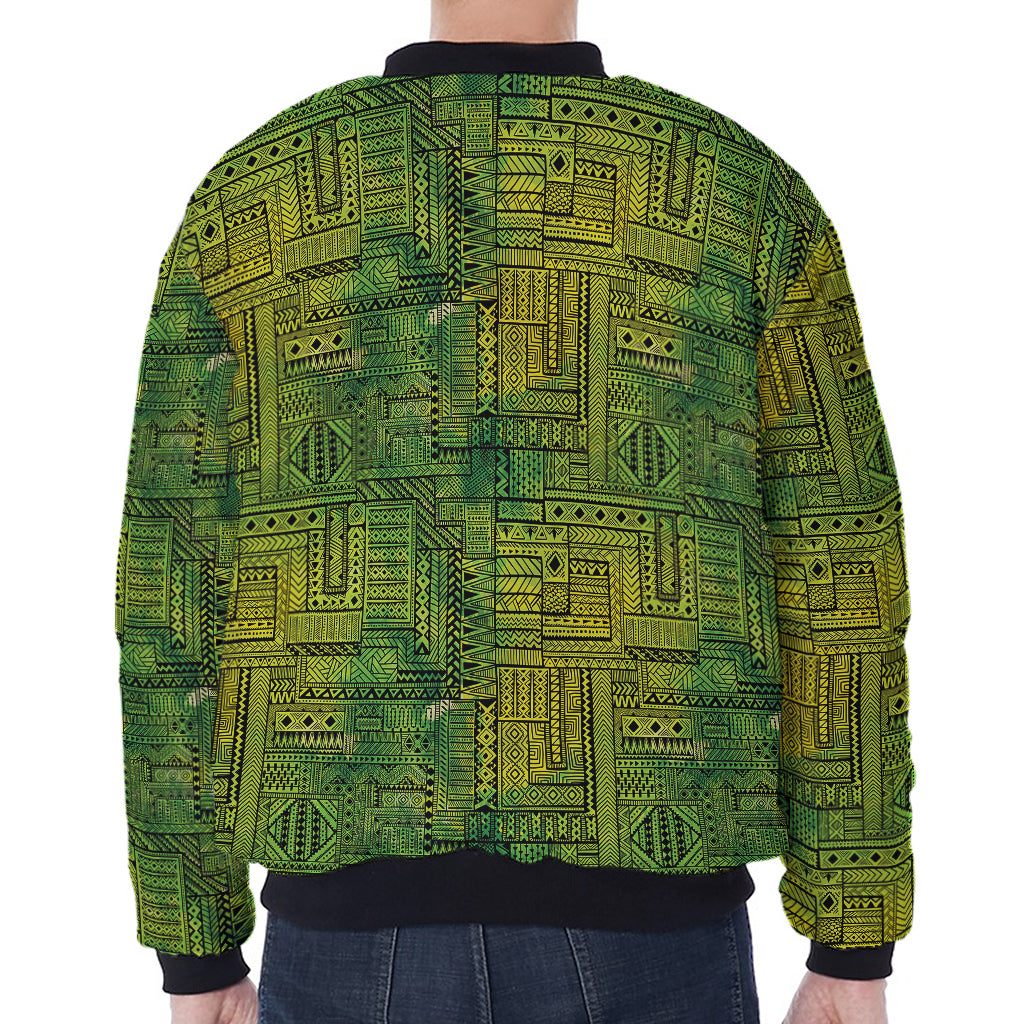 Green And Black African Ethnic Print Zip Sleeve Bomber Jacket