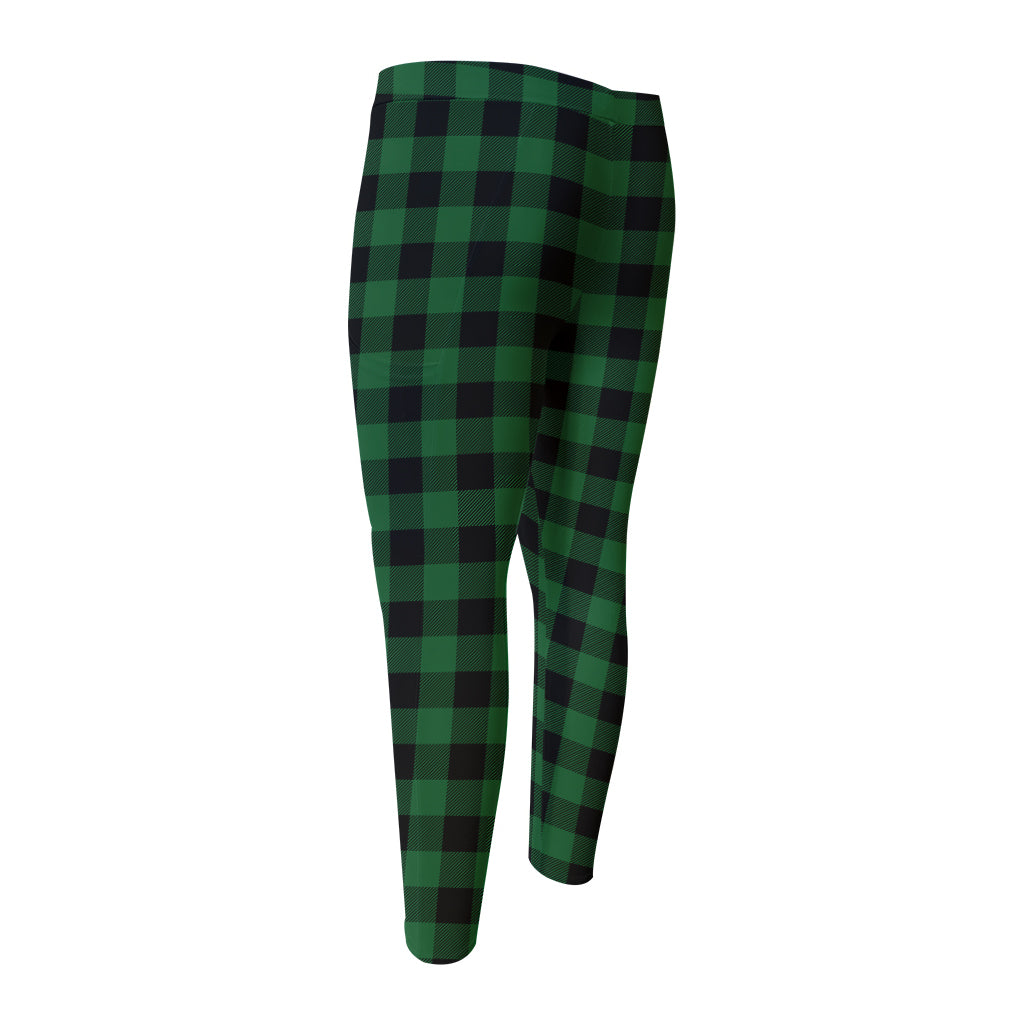 Green And Black Buffalo Check Print Men's Compression Pants