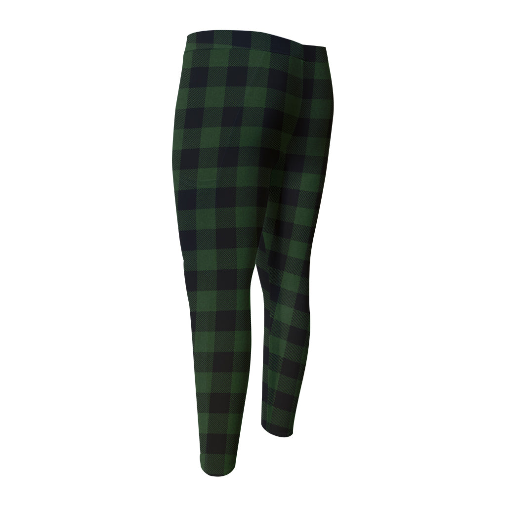 Green And Black Buffalo Plaid Print Men's Compression Pants