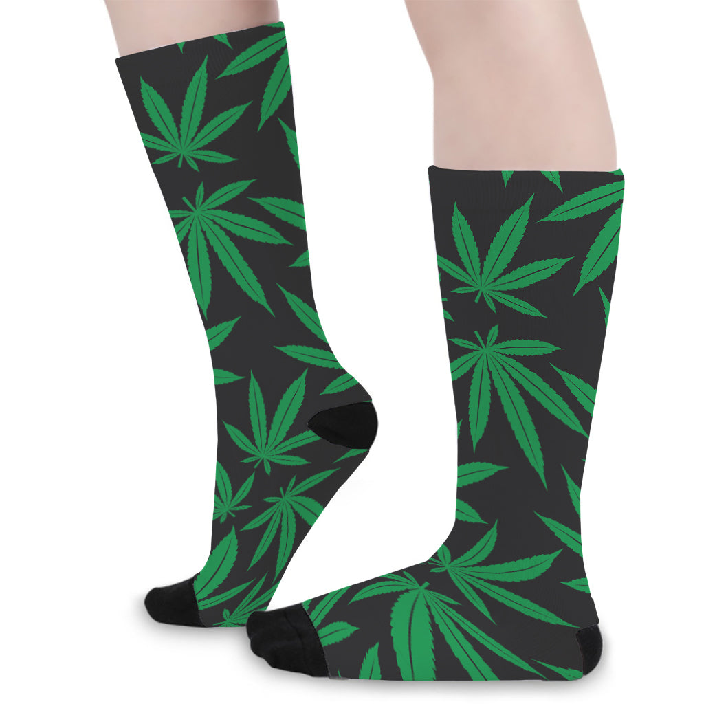 Green And Black Cannabis Leaf Print Long Socks