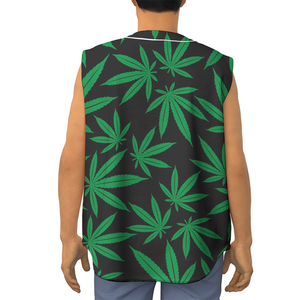 Green And Black Cannabis Leaf Print Sleeveless Baseball Jersey