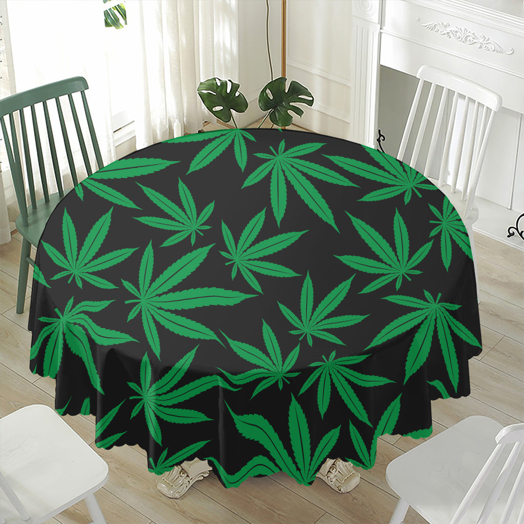 Green And Black Cannabis Leaf Print Waterproof Round Tablecloth
