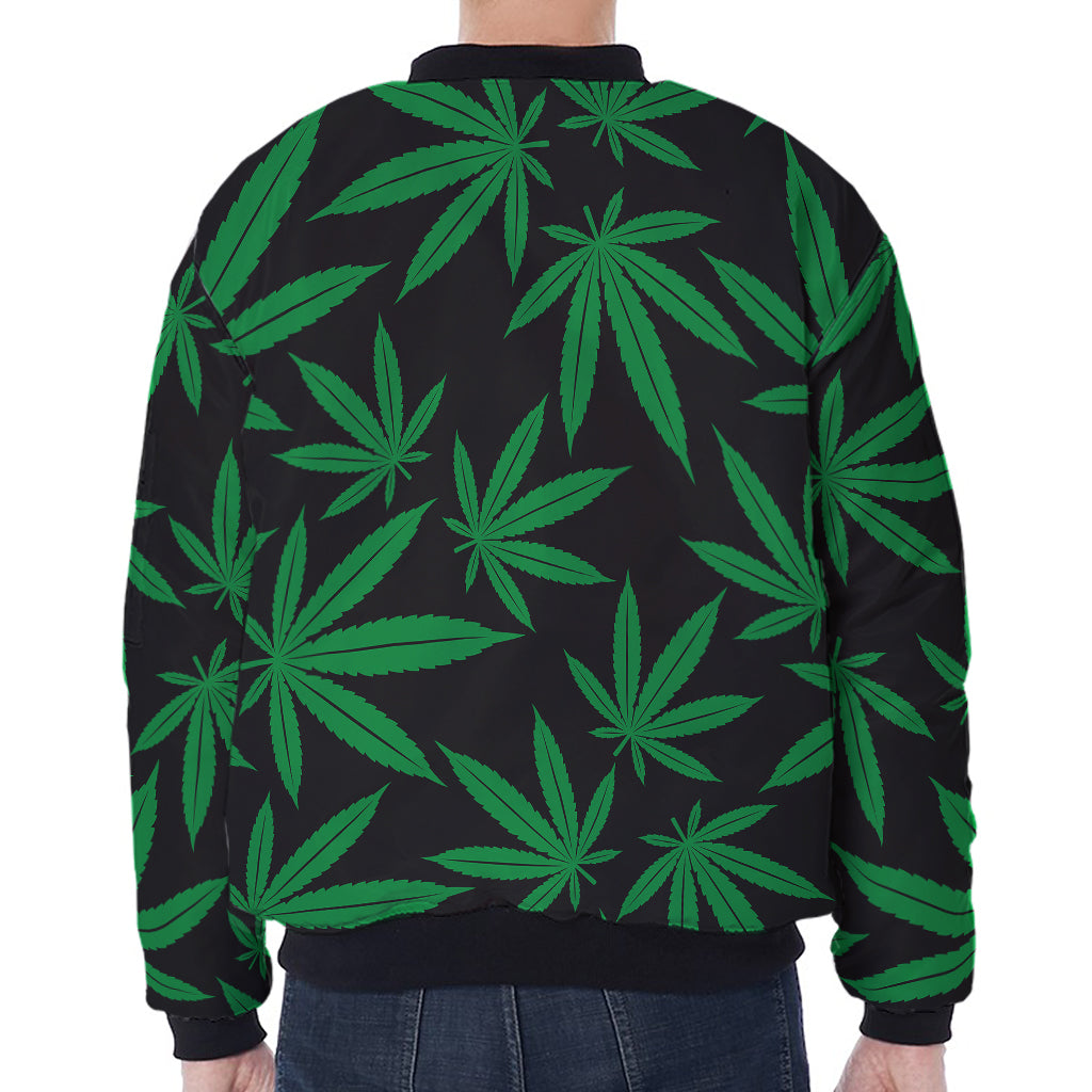 Green And Black Cannabis Leaf Print Zip Sleeve Bomber Jacket