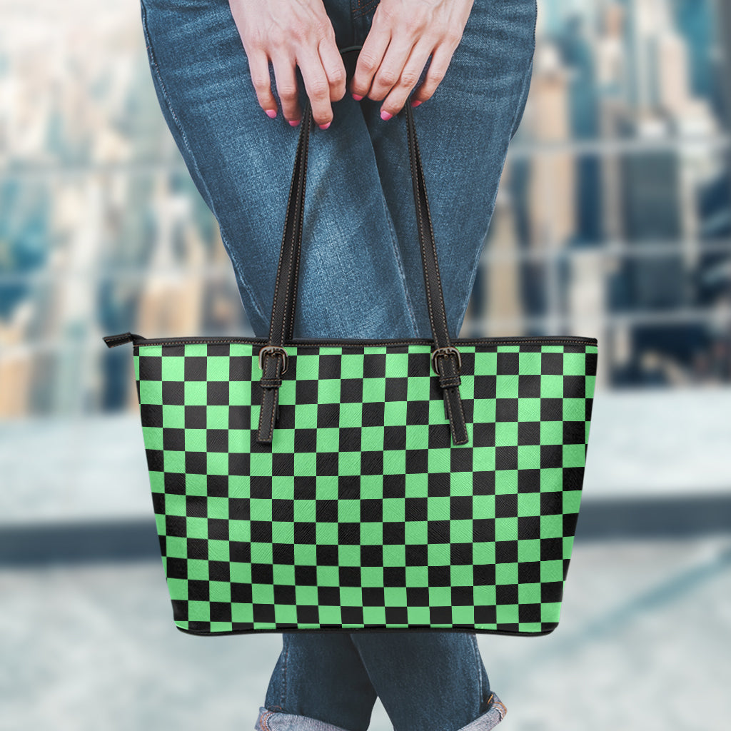 Green And Black Checkered Pattern Print Leather Tote Bag