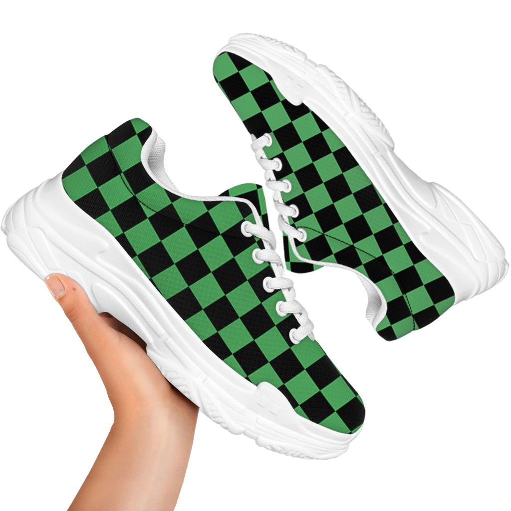 Green And Black Checkered Pattern Print White Chunky Shoes