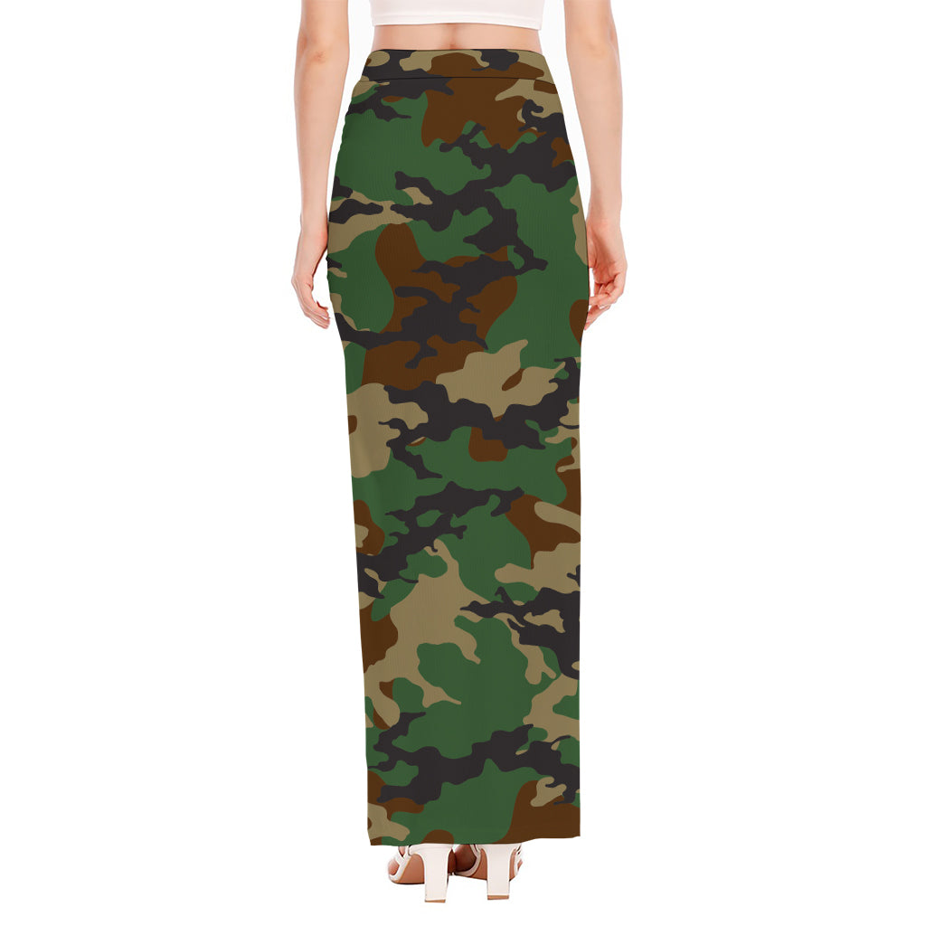 Green And Brown Camouflage Print High Slit Maxi Skirt