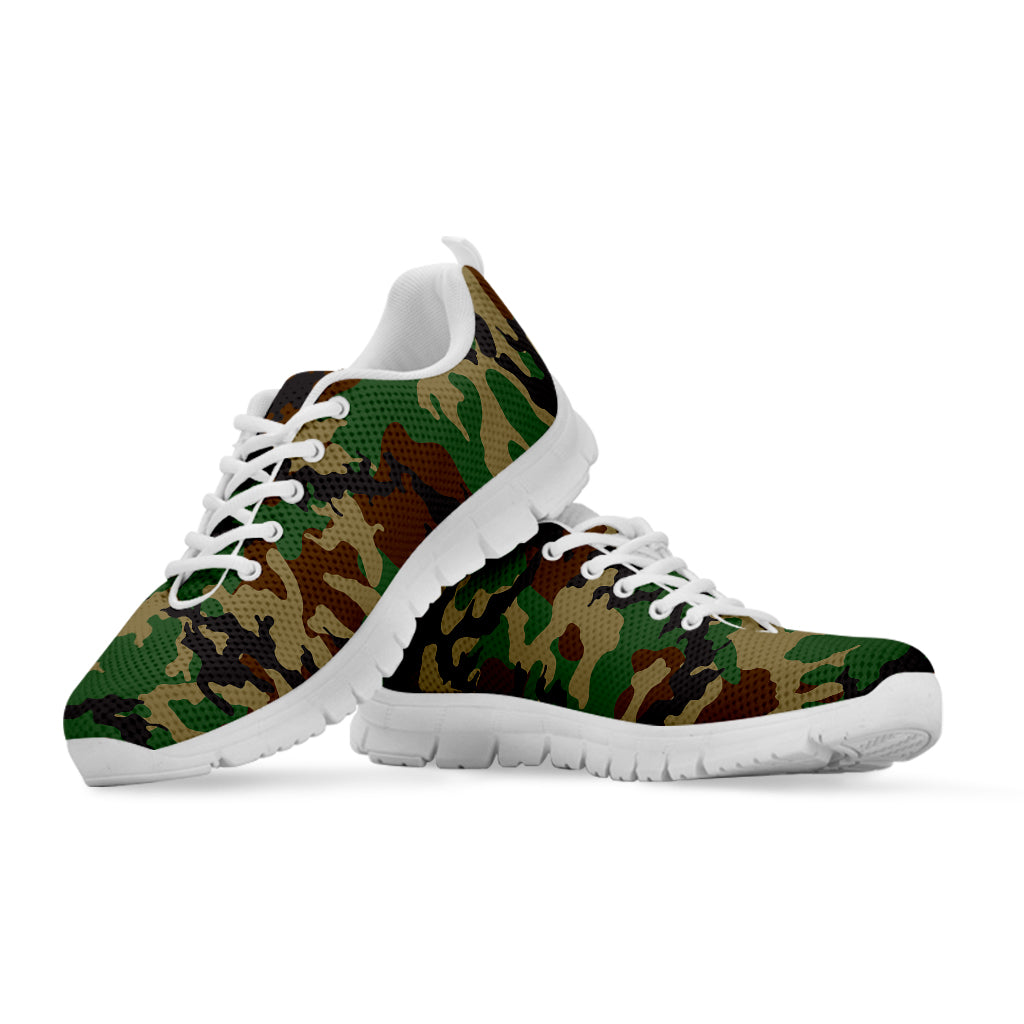 Green And Brown Camouflage Print White Running Shoes