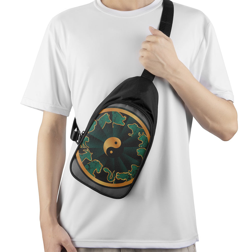 Green And Gold Chinese Zodiac Print Chest Bag