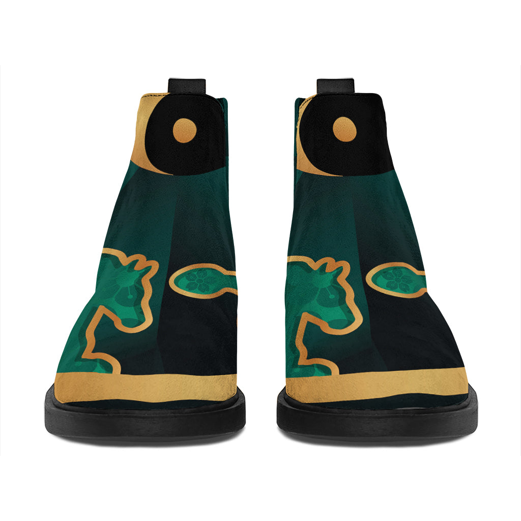 Green And Gold Chinese Zodiac Print Flat Ankle Boots