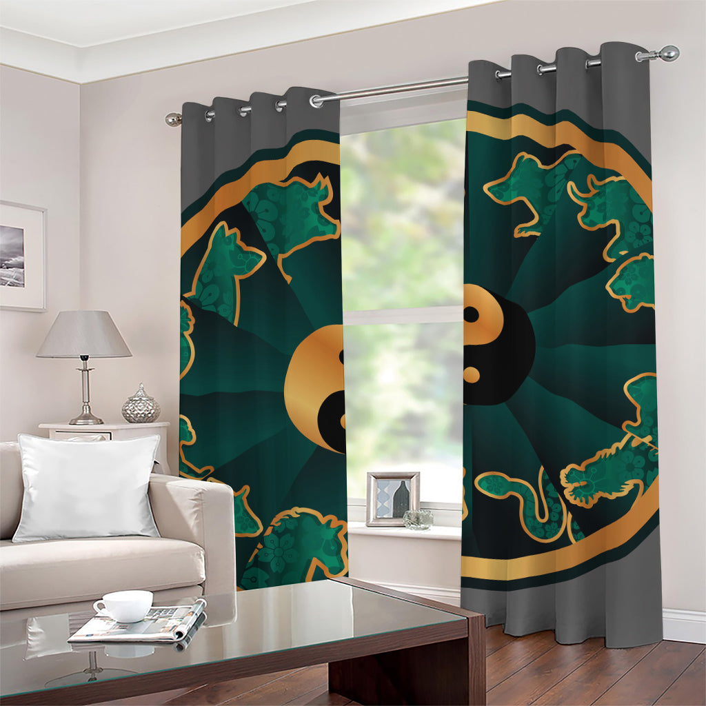 Green And Gold Chinese Zodiac Print Grommet Curtains