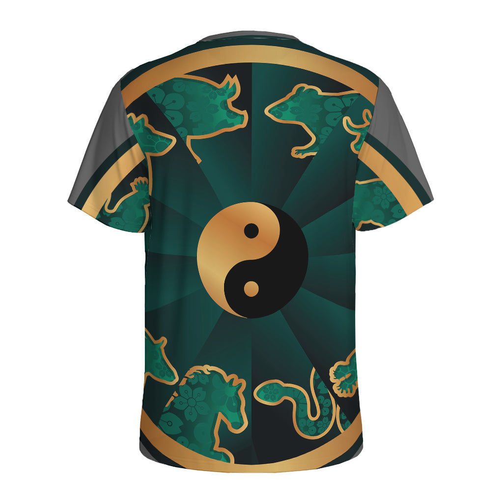 Green And Gold Chinese Zodiac Print Men's Sports T-Shirt