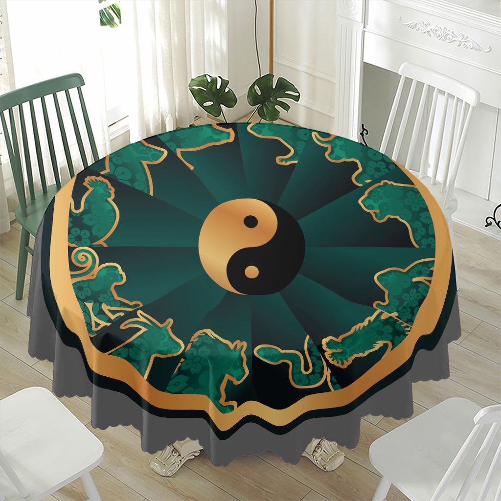 Green And Gold Chinese Zodiac Print Waterproof Round Tablecloth
