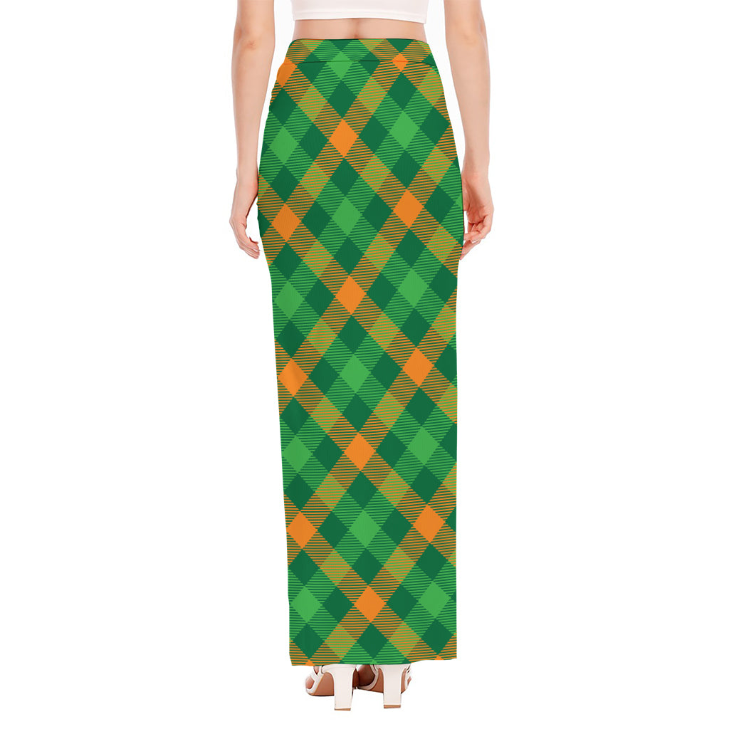 Green And Orange Buffalo Plaid Print High Slit Maxi Skirt